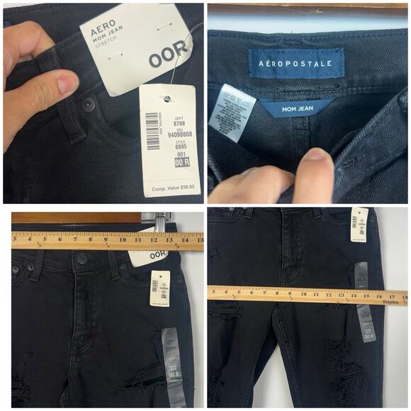 NWT AERO Mom Hig Rise Stretch Black Distressed Jeans Sz 00 - Picture 4 of 10